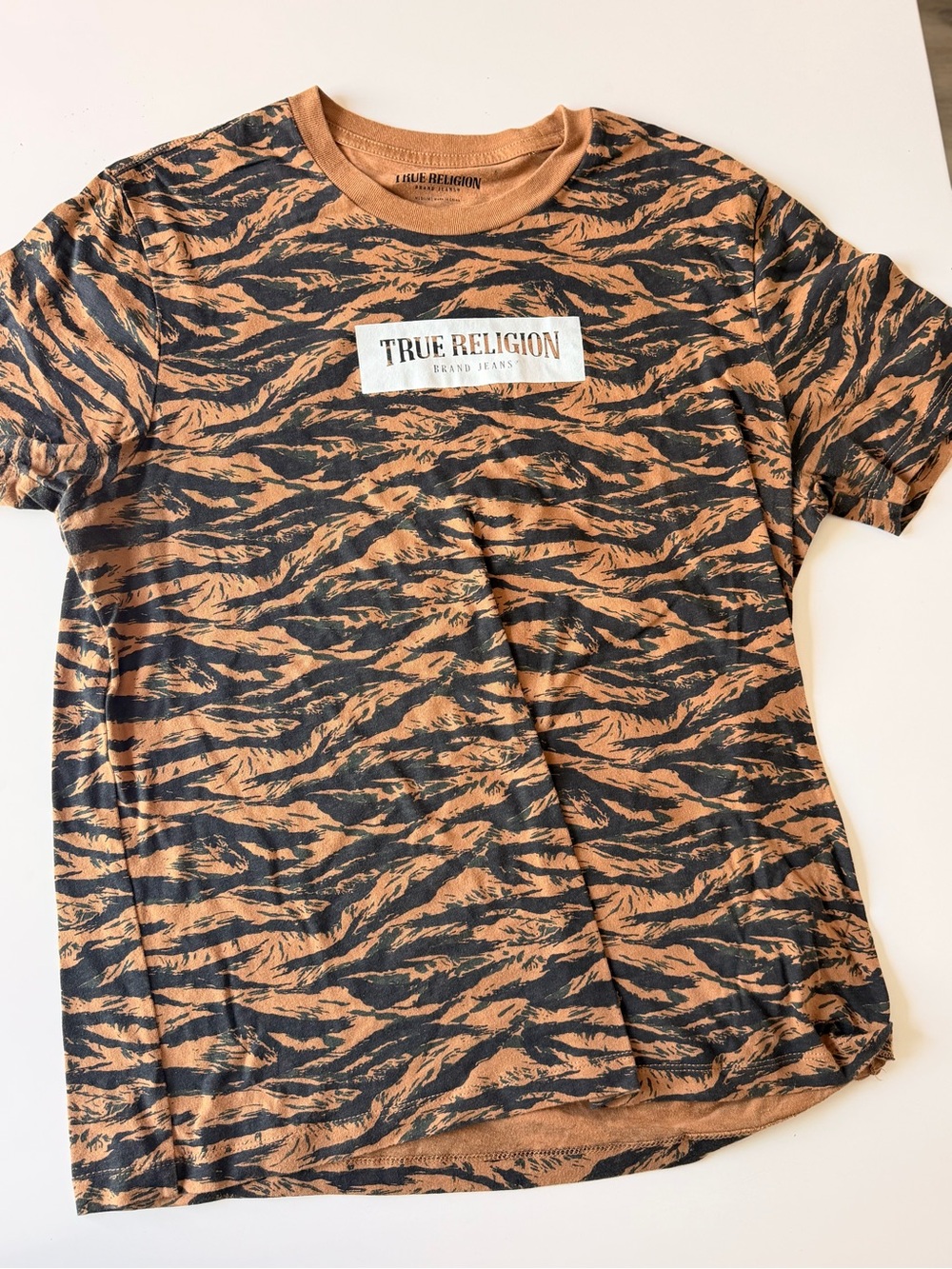 True Religion Tan & Black Tiger-Stripe Logo Tee